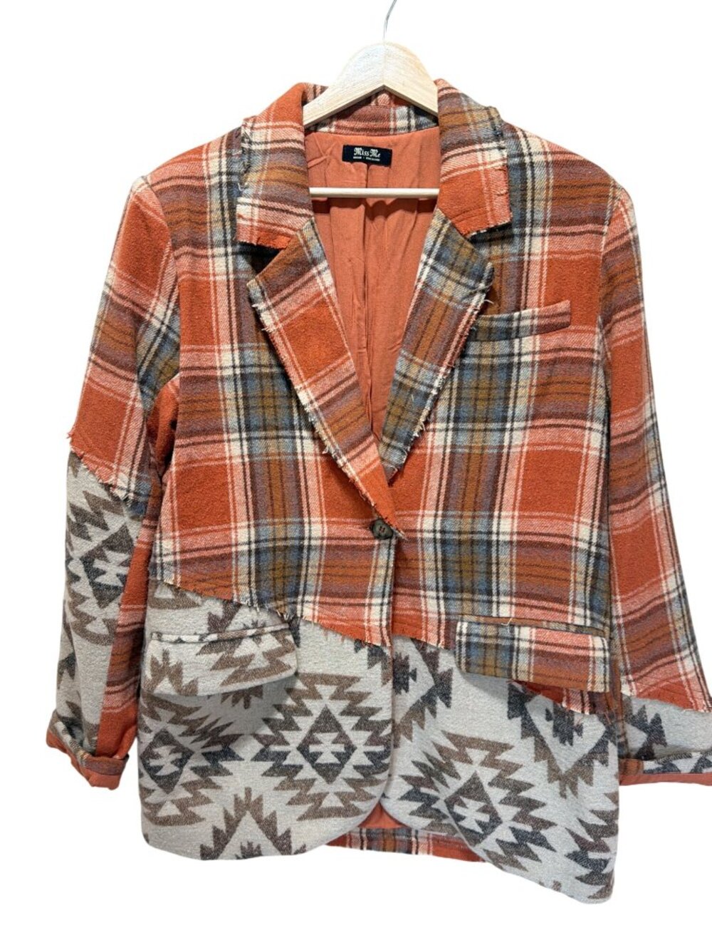 Miss Me Mixed Print Plaid & Aztec Patchwork Blazer Jacket - Medium - Picture 4 of 10
